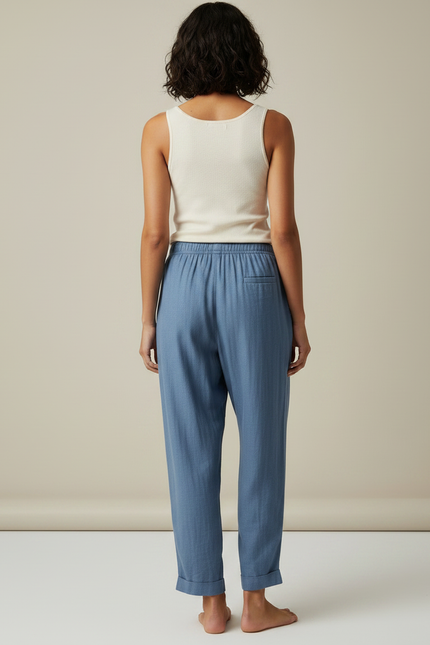 Pantalon Fluide Bleu Ample Lin Décontracté Confortable - vue 2