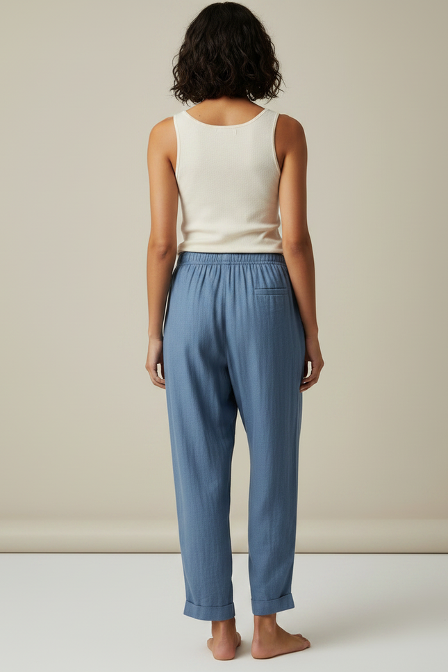 Pantalon Fluide Bleu Ample Lin Décontracté Confortable - vue 2