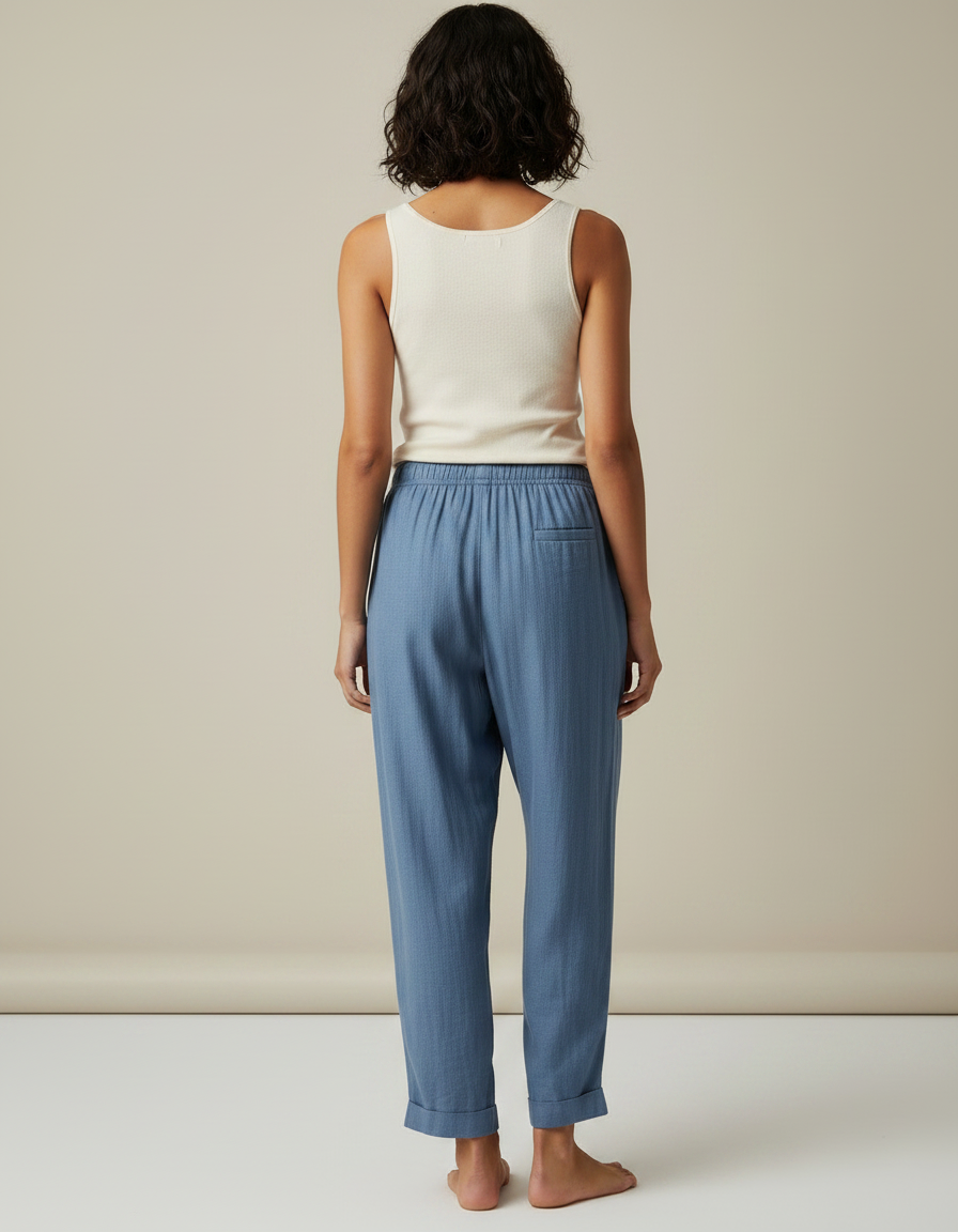 Pantalon Fluide Bleu Ample Lin Décontracté Confortable - vue 2