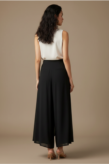 Pantalon Fluide Noir Chiffon Ample Taille Haute Élégant - Polyester - vue 2