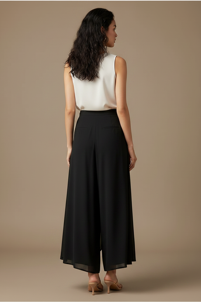 Pantalon Fluide Noir Chiffon Ample Taille Haute Élégant - Polyester - vue 2