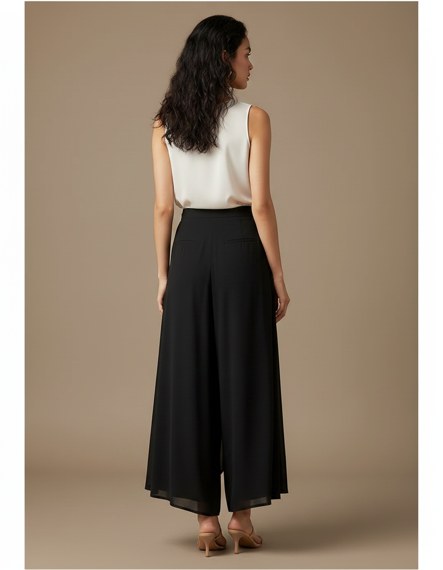Pantalon Fluide Noir Chiffon Ample Taille Haute Élégant - Polyester - vue 2