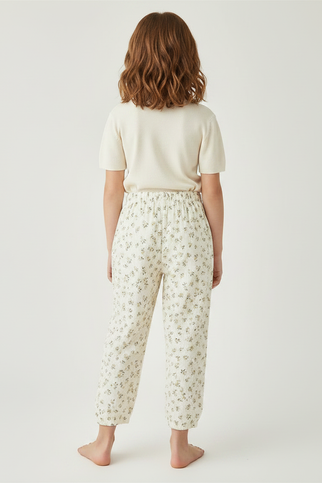 Pantalon Fluide Écru Muslin Imprimé Fleurs Enfant - Coton - vue 2
