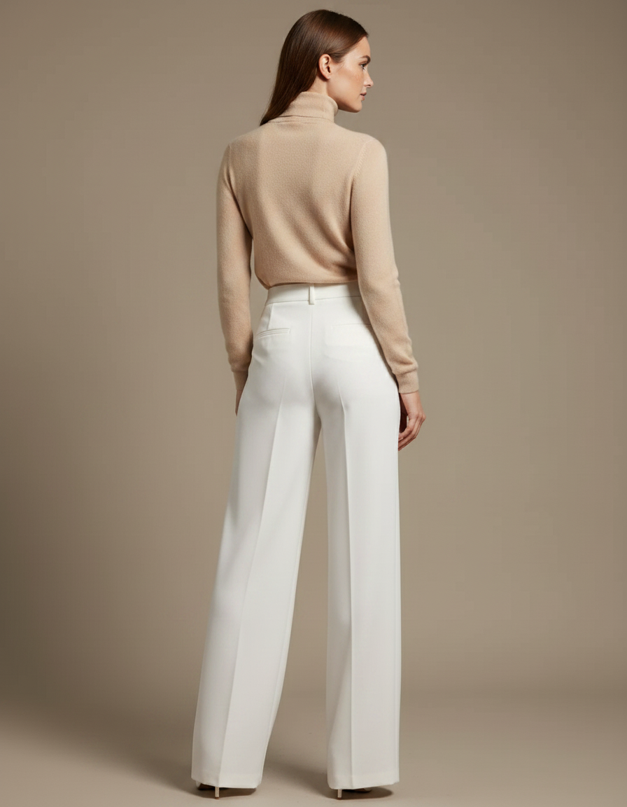 Pantalon Fluide Blanc Ample Taille Haute Élégant Décontracté - Polyester - vue 2