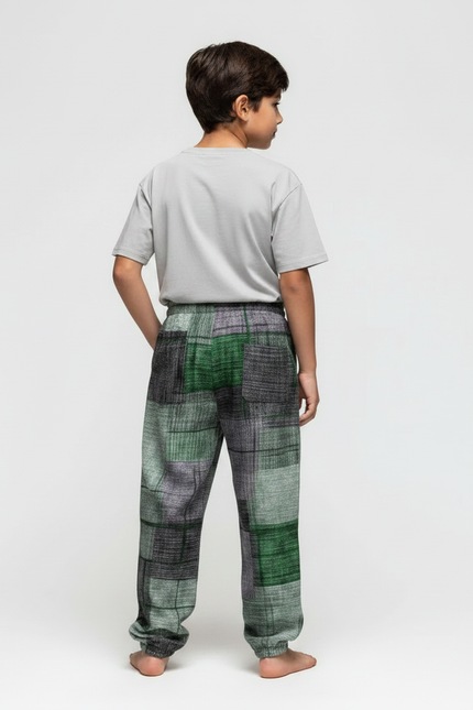 Pantalon Fluide Patchwork Vert Gris Ample Décontracté - Multicolore Lin - vue 2
