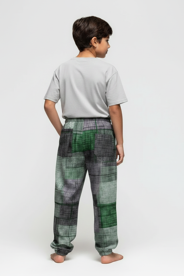 Pantalon Fluide Patchwork Vert Gris Ample Décontracté - Multicolore Lin - vue 2