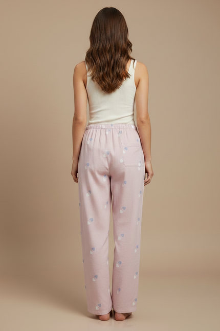 Pantalon Fluide Rose Coton Imprimé Cœurs Décontracté Femme - vue 2