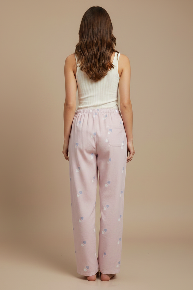 Pantalon Fluide Rose Coton Imprimé Cœurs Décontracté Femme - vue 2