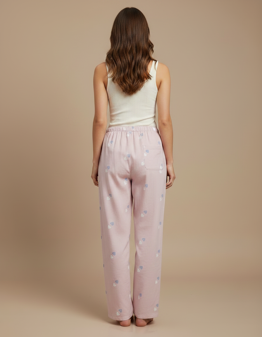 Pantalon Fluide Rose Coton Imprimé Cœurs Décontracté Femme - vue 2
