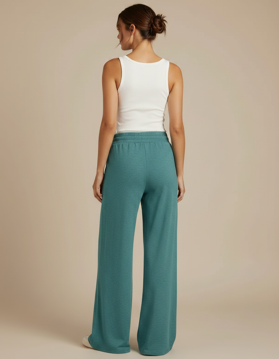 Pantalon Fluide Vert Ample Cordon Poches Décontracté - Molleton - vue 2