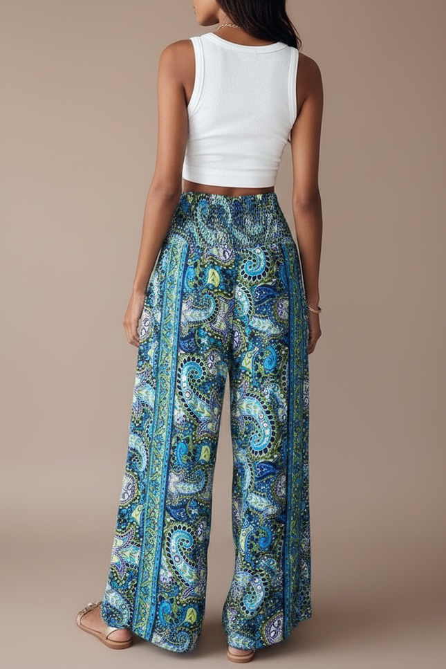 Pantalon Fluide Bleu Imprimé Cachemire Bohème Taille Haute - Viscose - vue 2
