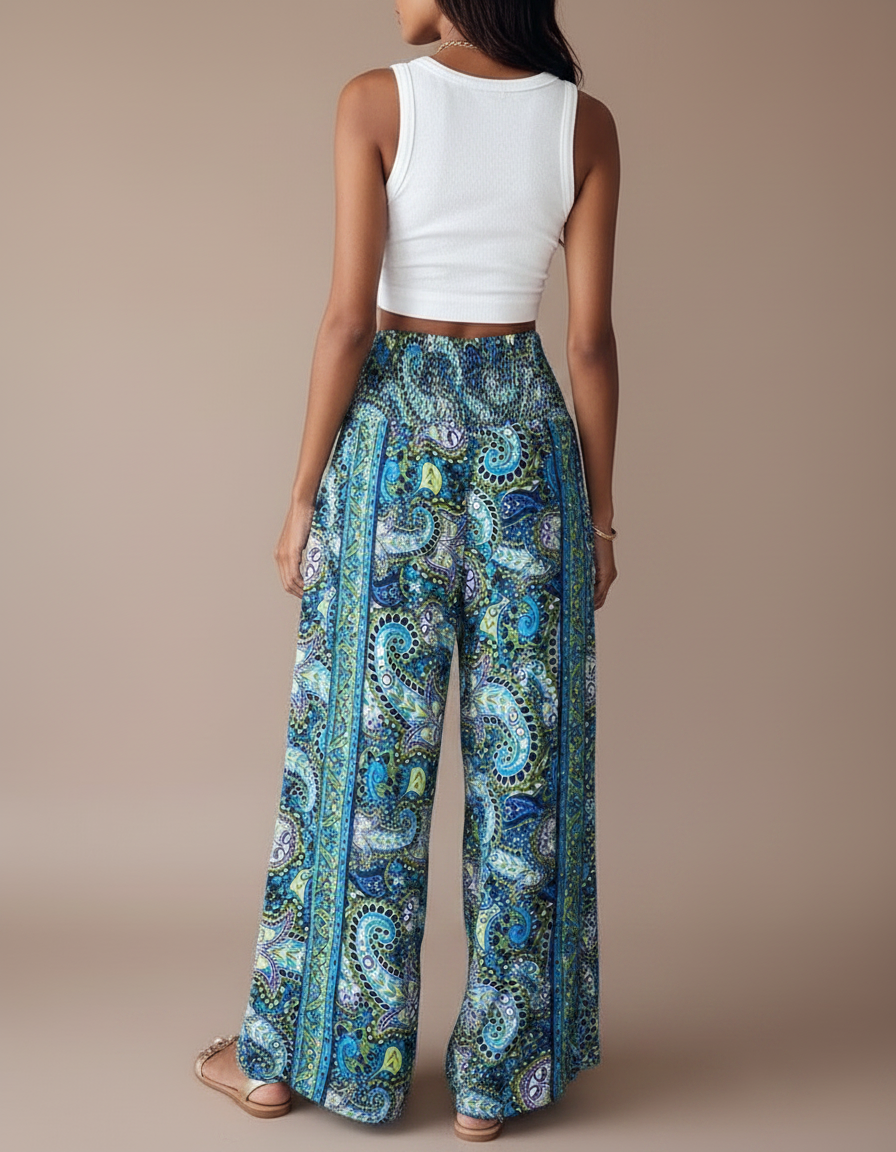 Pantalon Fluide Bleu Imprimé Cachemire Bohème Taille Haute - Viscose - vue 2