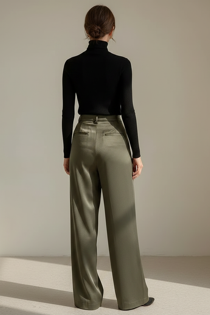 Pantalon Fluide Vert Ample Satiné Taille Haute - vue 2