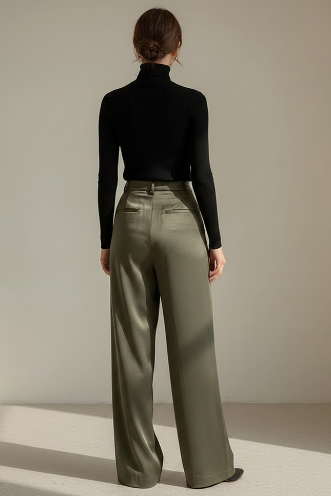 Pantalon Fluide Vert Ample Satiné Taille Haute - vue 2