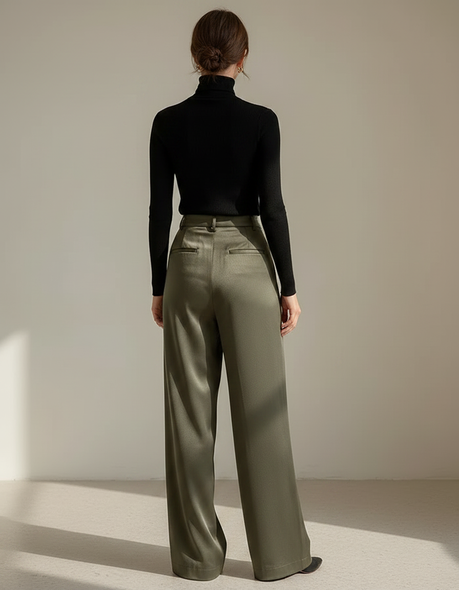 Pantalon Fluide Vert Ample Satiné Taille Haute - vue 2