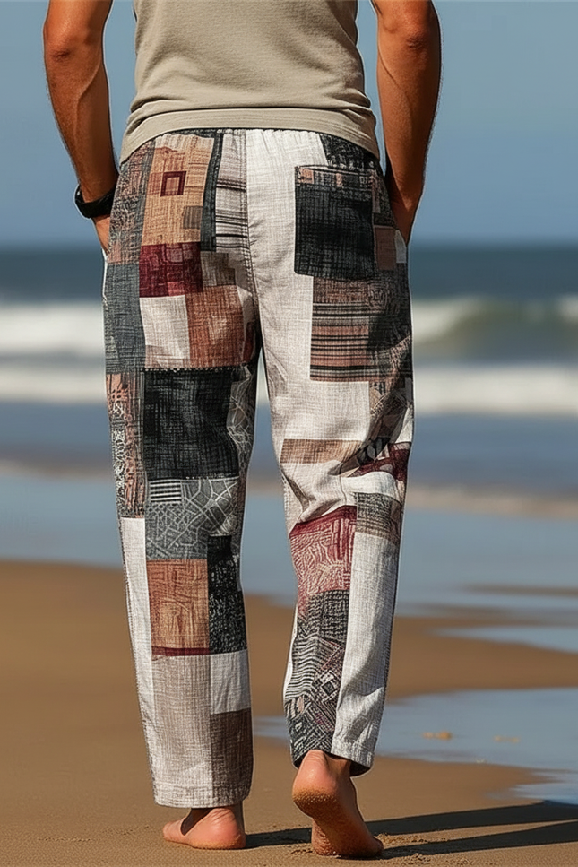 Pantalon Fluide Patchwork Rétro Ample Décontracté Homme - Multicolore Lin