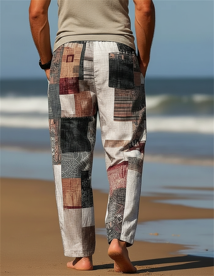 Pantalon Fluide Patchwork Rétro Ample Décontracté Homme - Multicolore Lin