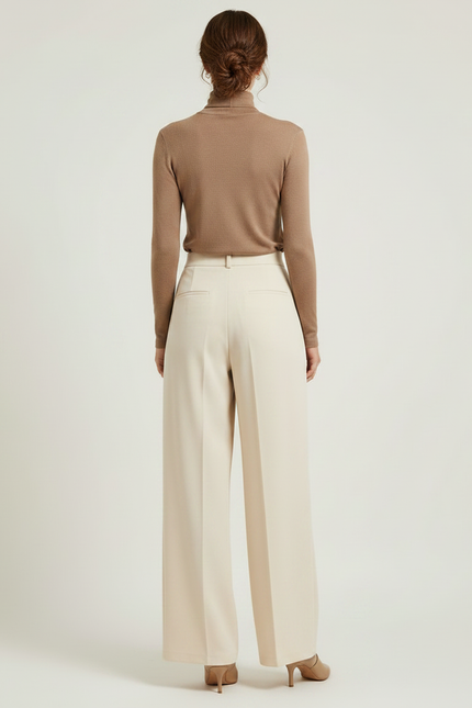 Pantalon Fluide Écru Taille Haute Ample Élégant Femme - Beige Polyester - vue 2