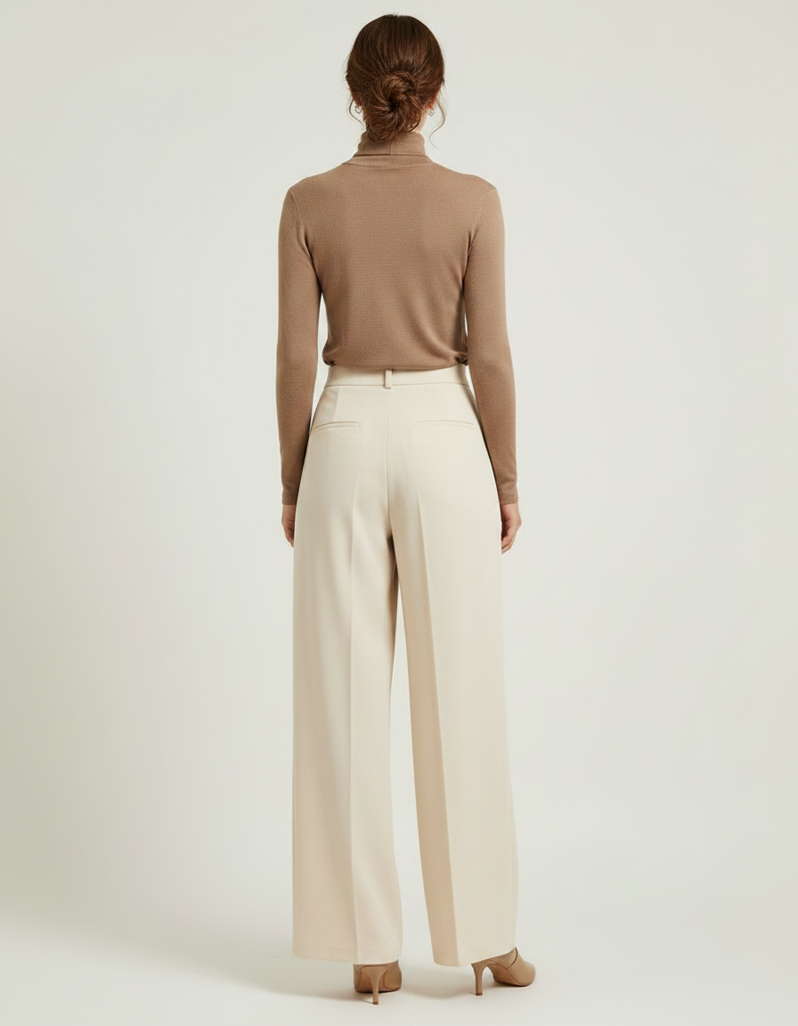 Pantalon Fluide Écru Taille Haute Ample Élégant Femme - Beige Polyester - vue 2