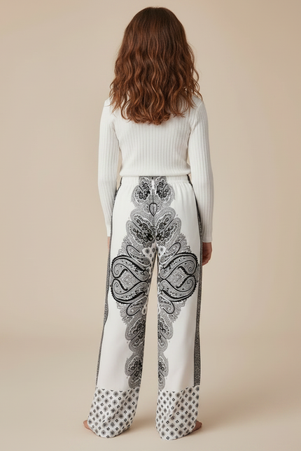 Pantalon Fluide Blanc Imprimé Paisley Ample Fille - Viscose - vue 2
