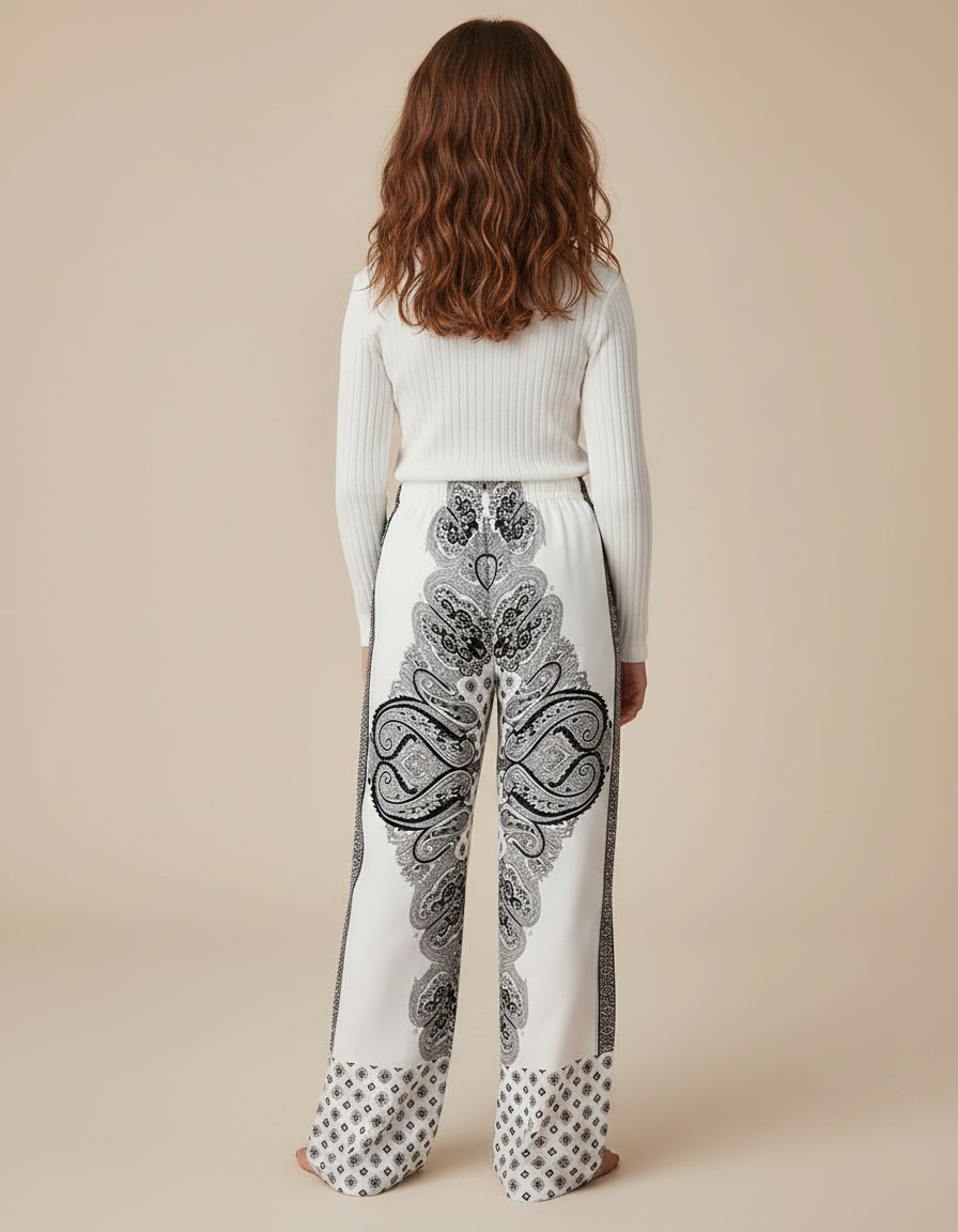 Pantalon Fluide Blanc Imprimé Paisley Ample Fille - Viscose - vue 2