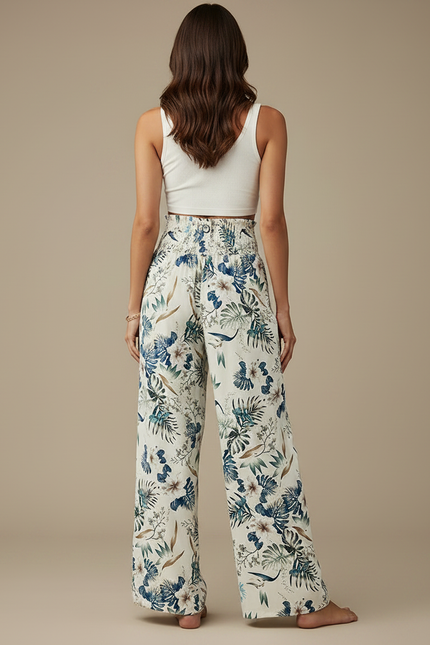 Pantalon Fluide Imprimé Floral Ample Écru Femme - Beige Viscose - vue 2