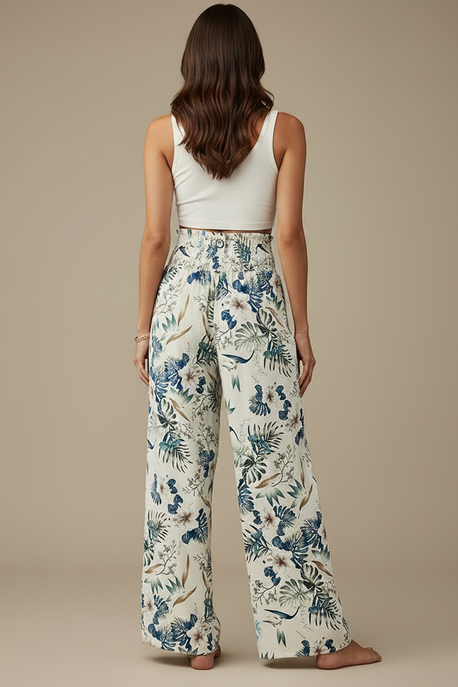 Pantalon Fluide Imprimé Floral Ample Écru Femme - Beige Viscose - vue 2