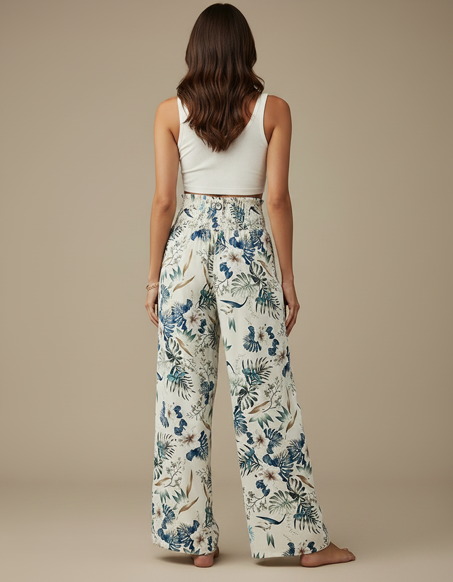 Pantalon Fluide Imprimé Floral Ample Écru Femme - Beige Viscose - vue 2