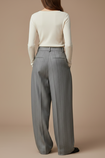 Pantalon Fluide Gris Laine Chevron Plissé Large Rétro - vue 2