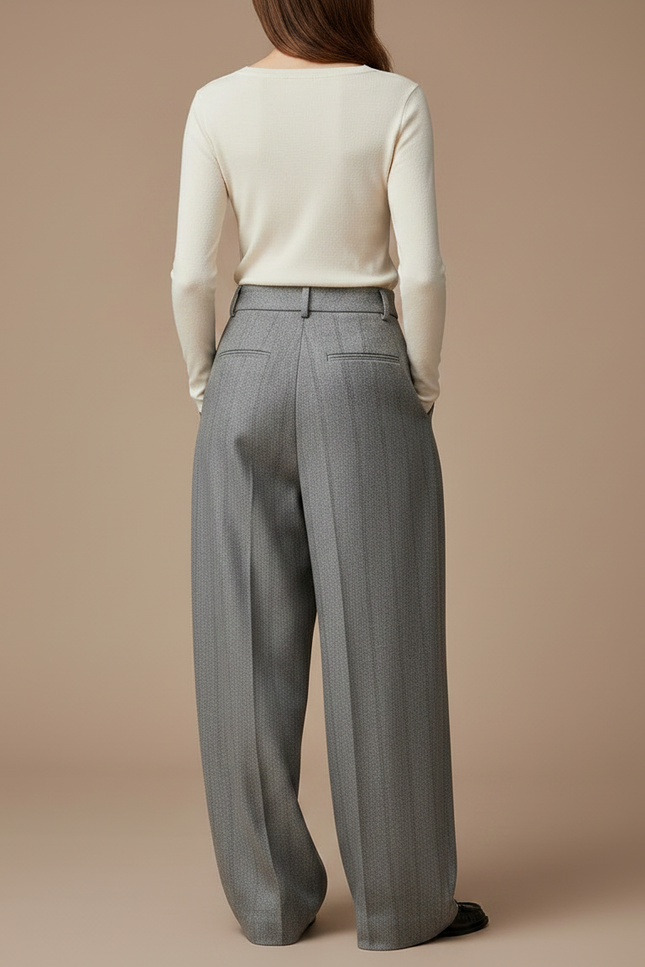 Pantalon Fluide Gris Laine Chevron Plissé Large Rétro - vue 2
