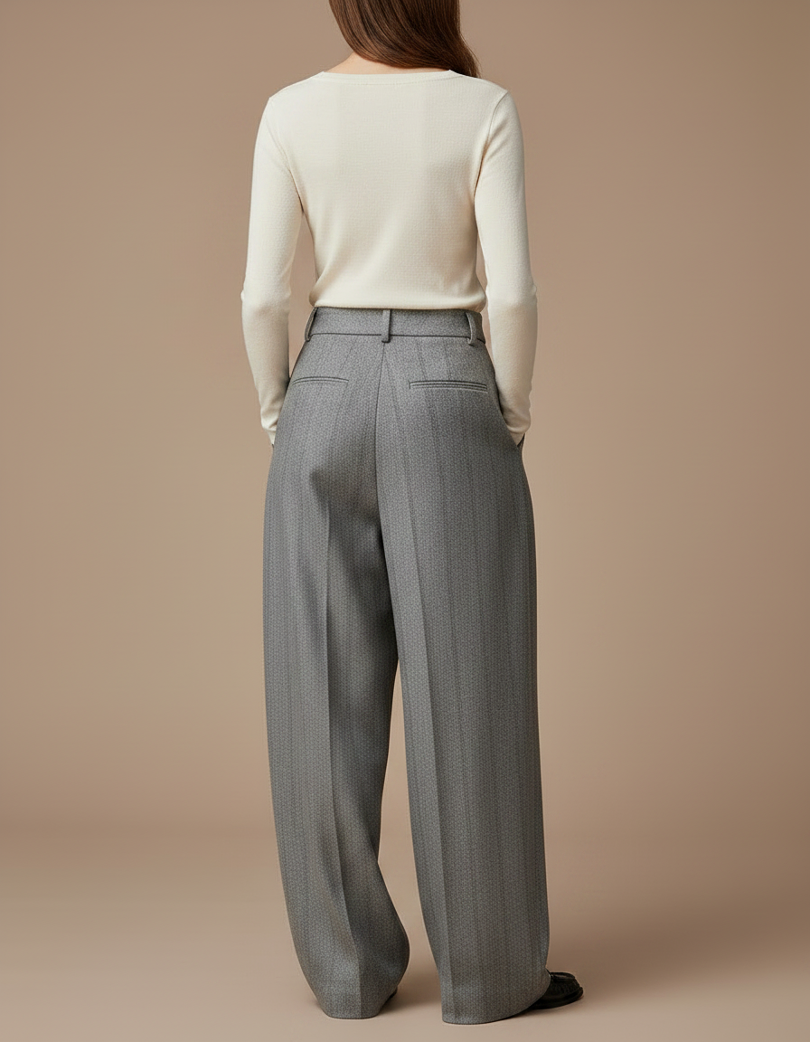 Pantalon Fluide Gris Laine Chevron Plissé Large Rétro - vue 2