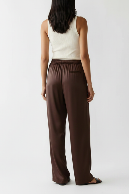 Pantalon Fluide Marron Satiné Ample Décontracté Élégant - vue 2