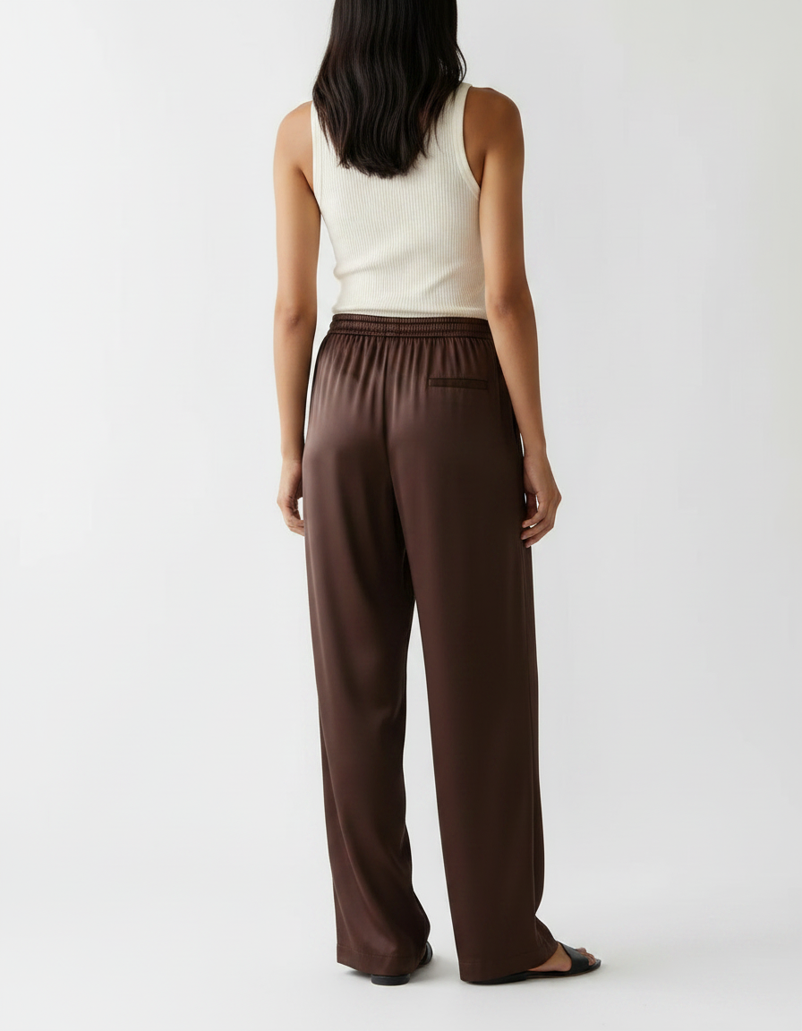 Pantalon Fluide Marron Satiné Ample Décontracté Élégant - vue 2