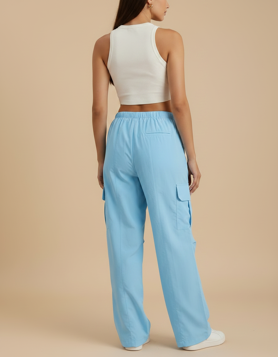 Pantalon Fluide Bleu Ciel Cargo Ample Confortable Femme - Polyester - vue 2