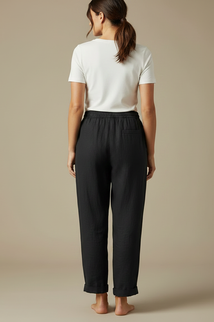 Pantalon Fluide Noir Coton Lin Ample Décontracté - vue 2