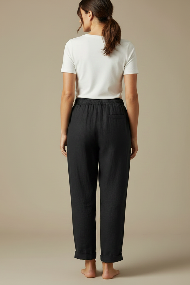 Pantalon Fluide Noir Coton Lin Ample Décontracté - vue 2
