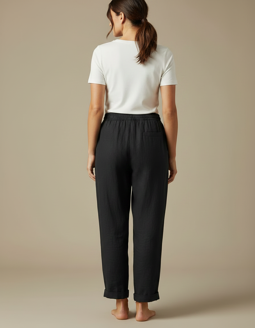 Pantalon Fluide Noir Coton Lin Ample Décontracté - vue 2