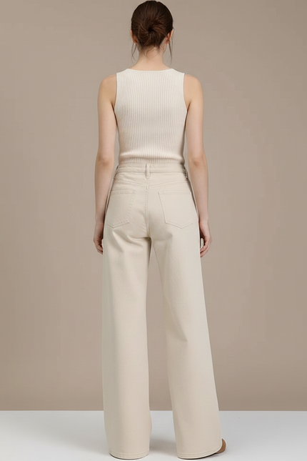 Pantalon Fluide Écru Ample Taille Haute Droit - Beige Jean - vue 2