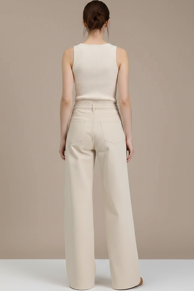 Pantalon Fluide Écru Ample Taille Haute Droit - Beige Jean - vue 2