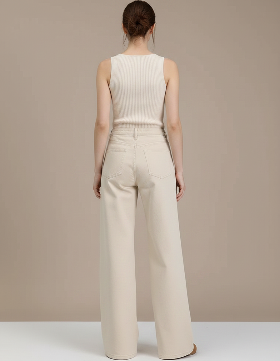 Pantalon Fluide Écru Ample Taille Haute Droit - Beige Jean - vue 2