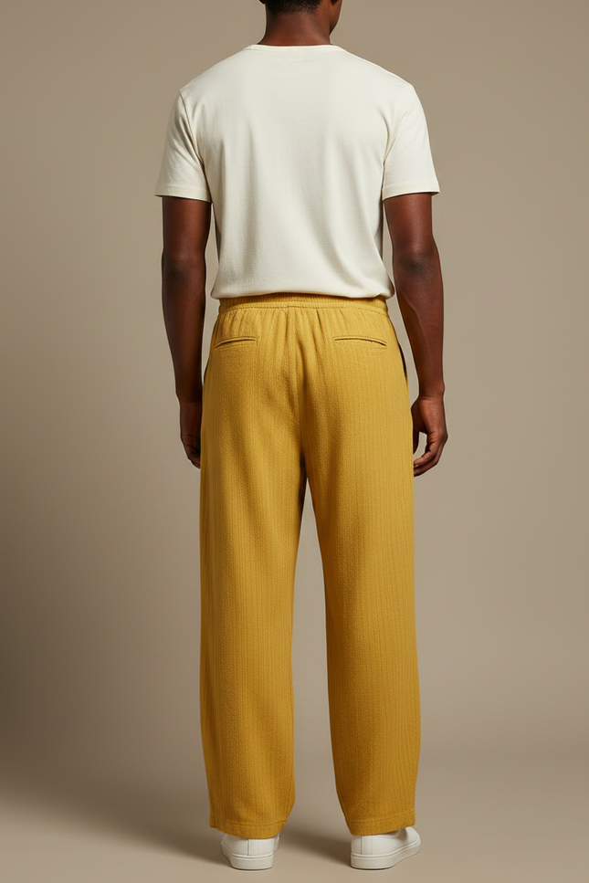 Pantalon Fluide Jaune Ample Texturé Cordon Décontracté - Cordé - vue 2