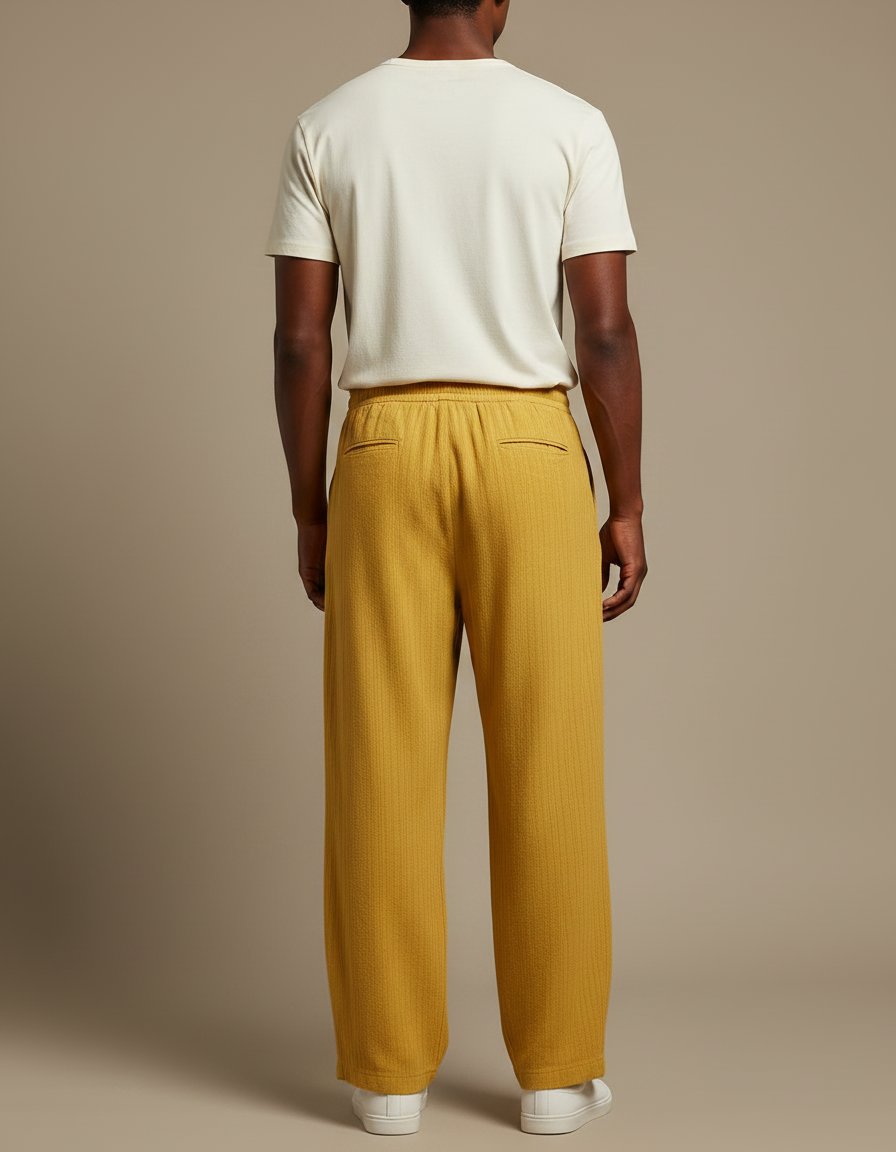 Pantalon Fluide Jaune Ample Texturé Cordon Décontracté - Cordé - vue 2
