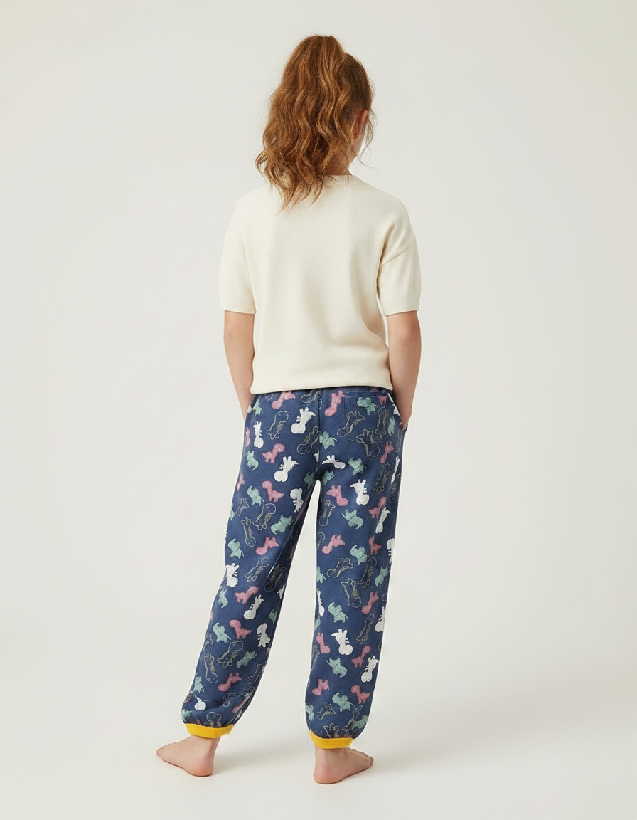 Pantalon Fluide Bleu Marine Imprimé Dinosaure Coton Enfant - vue 2