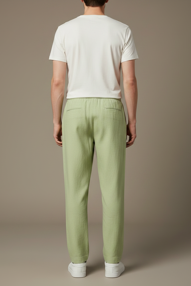 Pantalon Fluide Vert Lin Ample Cordon Décontracté Homme - vue 2