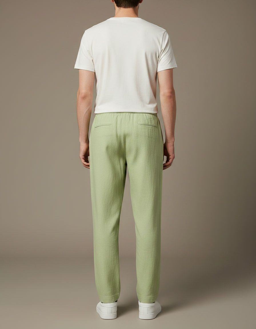 Pantalon Fluide Vert Lin Ample Cordon Décontracté Homme - vue 2