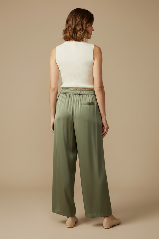 Pantalon Fluide Vert Ample Satiné Élégant Femme - Kaki - vue 2