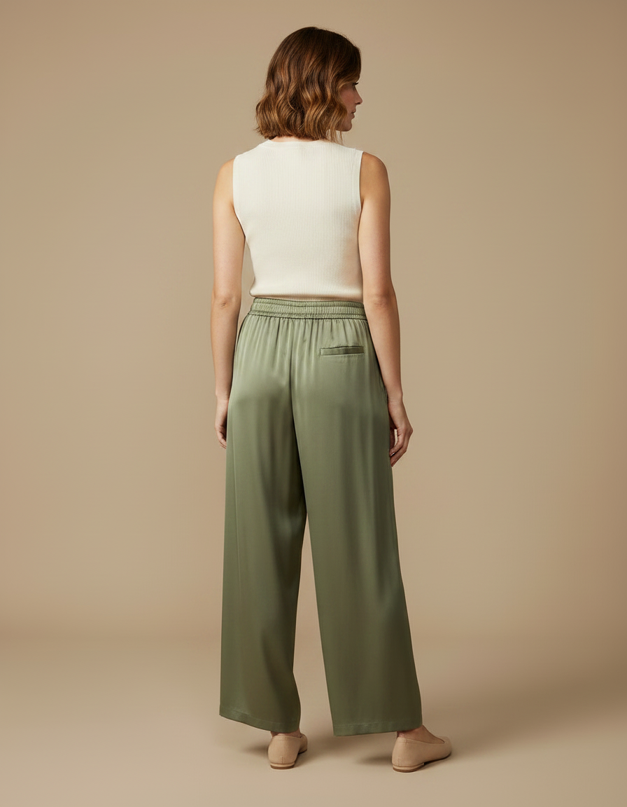 Pantalon Fluide Vert Ample Satiné Élégant Femme - Kaki - vue 2