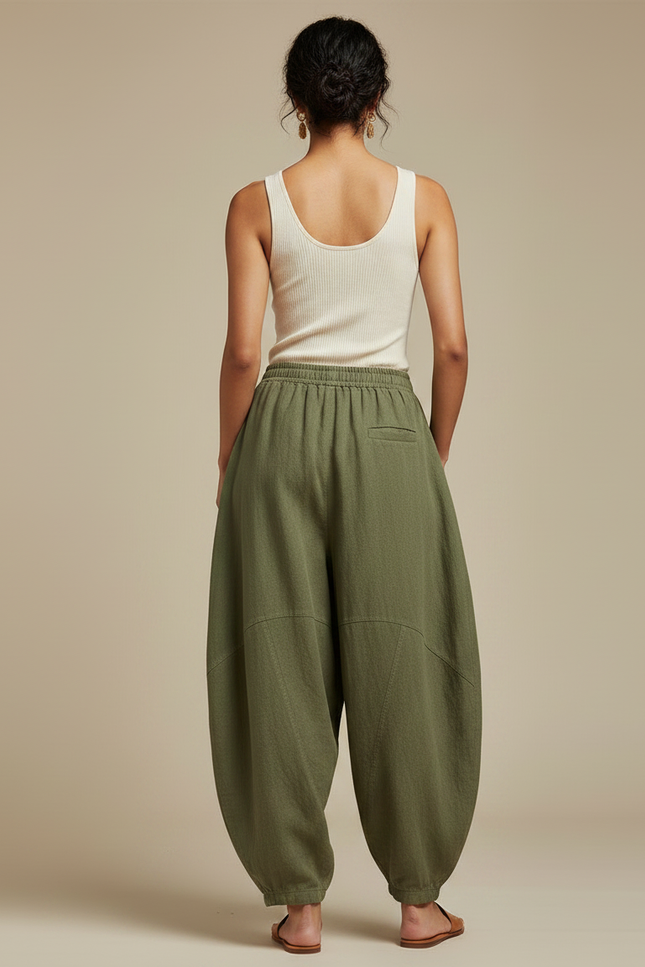 Pantalon Fluide Vert Ample Lin Coton Décontracté - Kaki - vue 2