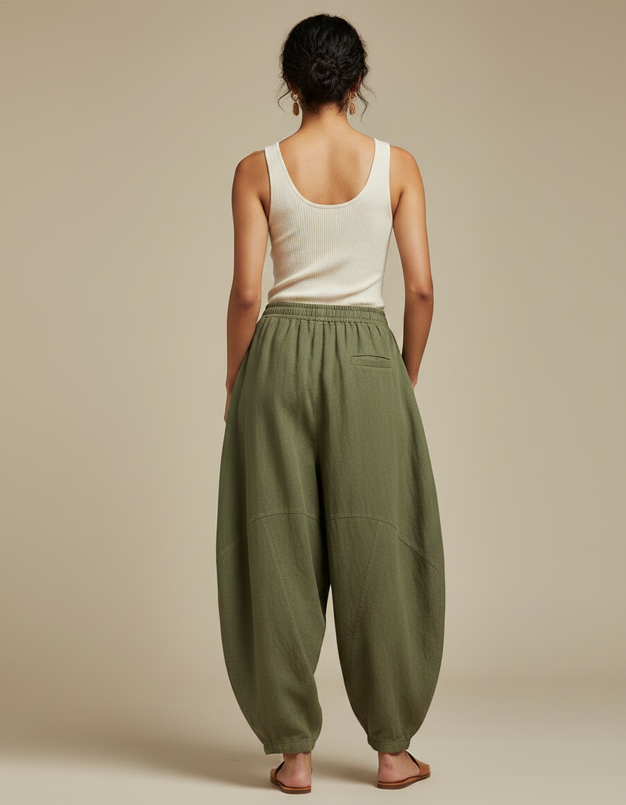 Pantalon Fluide Vert Ample Lin Coton Décontracté - Kaki - vue 2