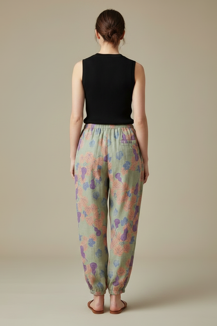 Pantalon Fluide Vert Imprimé Floral Ample Coton Femme - vue 2